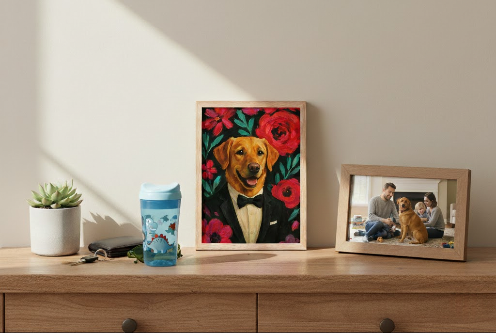 Custom pet portrait examples showing dogs and cats transformed into Van Gogh, Renaissance, and Pop Art styles