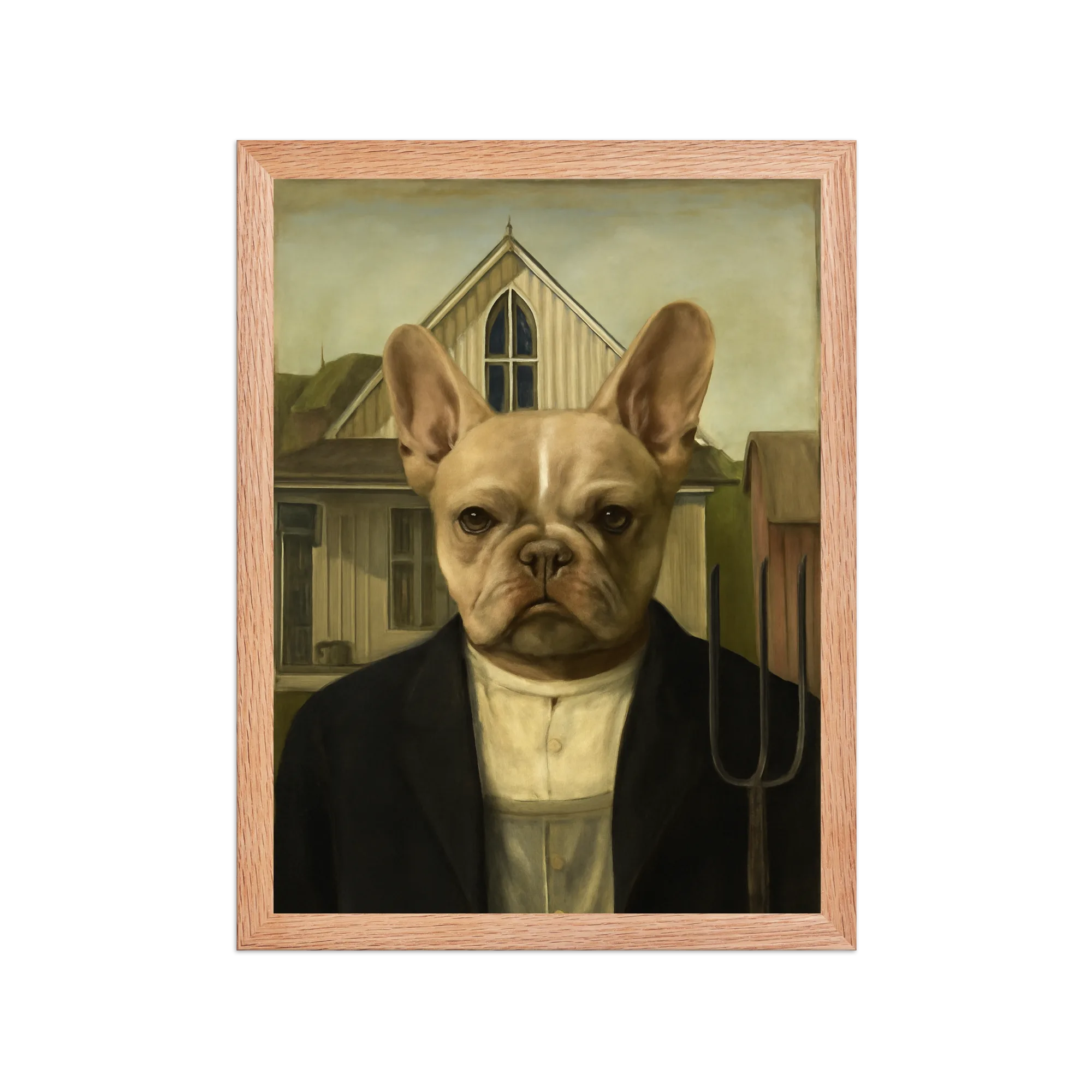 Custom pet portrait in American Gothic style - Grant Wood famous painting parody with pitchfork
